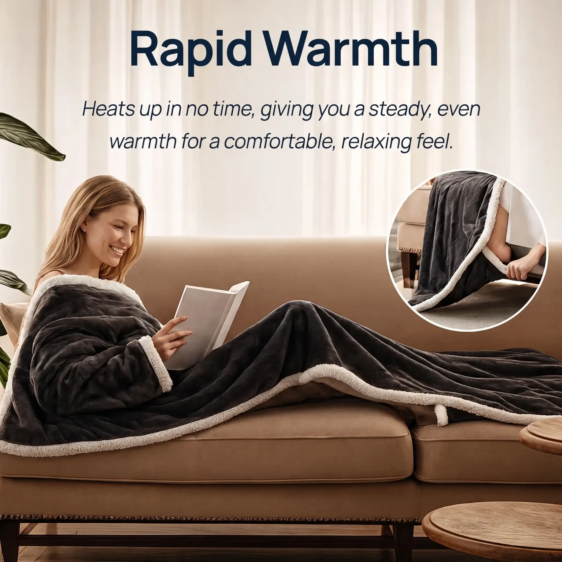 Woman relaxing on a sofa wrapped in the Nesty Robe