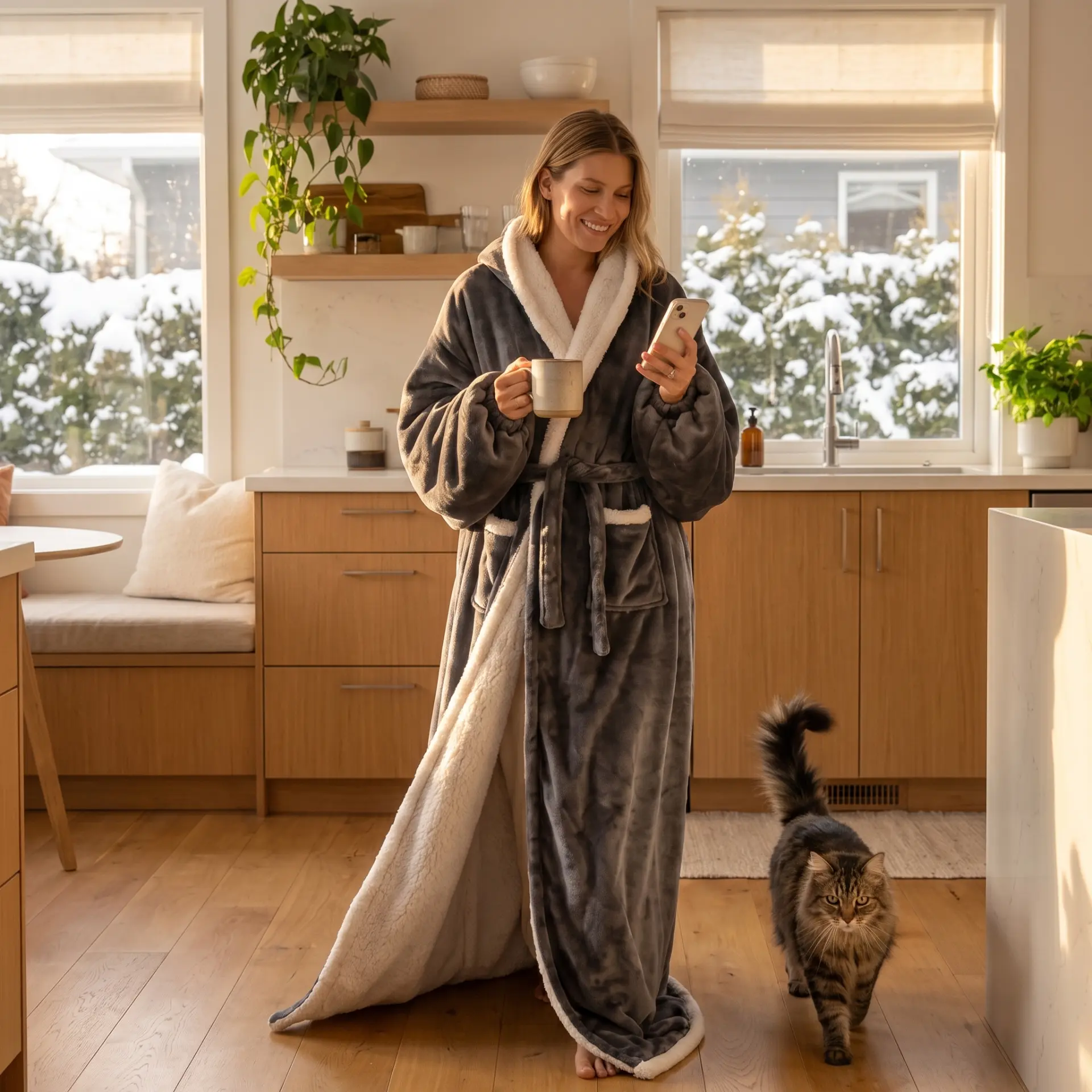 Woman wearing the Nesty Robe in a sunlit kitchen holding a mug